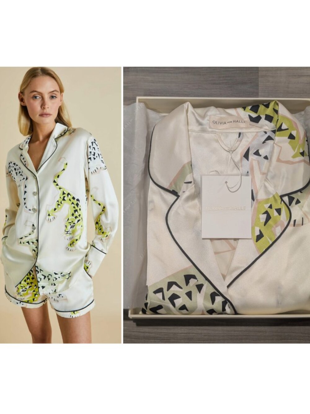 Olivia von Halle | Alba Amico Silk Shirt And Shorts Pajama Set In Ivory Multi